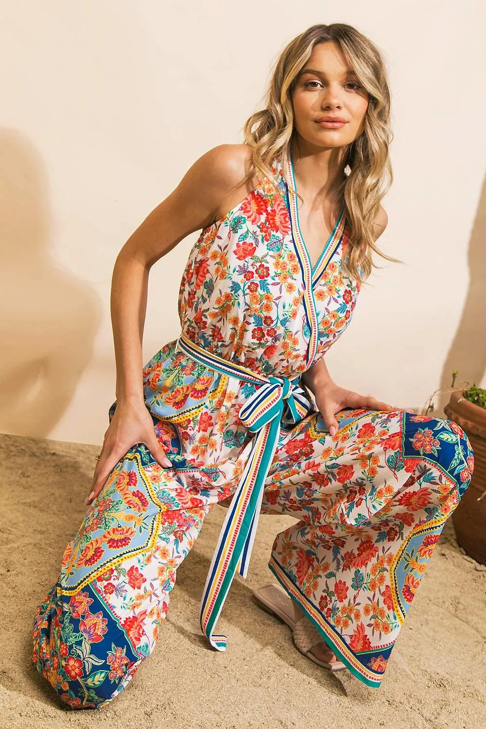 Flying Tomato Women's Juniors Boho Printed Halter Wide Leg Jumpsuit, Large