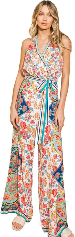 Flying Tomato Women's Juniors Boho Printed Halter Wide Leg Jumpsuit, Large