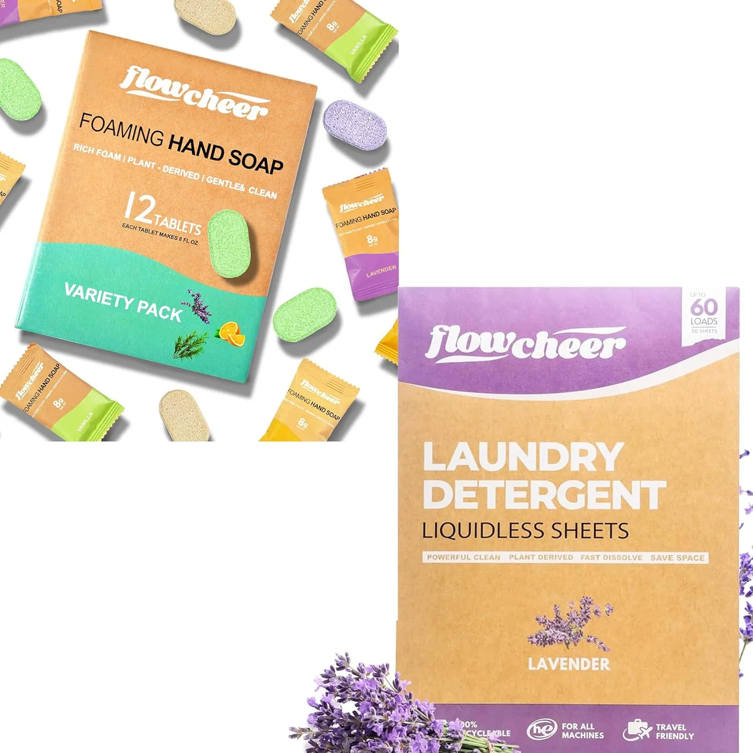 Foaming Hand Soap Tablet Refills 12 Pack & Laundry Detergent Sheets, Lavender Scent, 60 Loads for Travel Home Washing