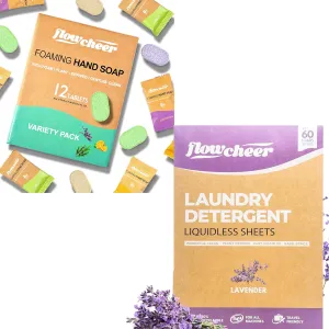 Foaming Hand Soap Tablet Refills 12 Pack & Laundry Detergent Sheets, Lavender Scent, 60 Loads for Travel Home Washing