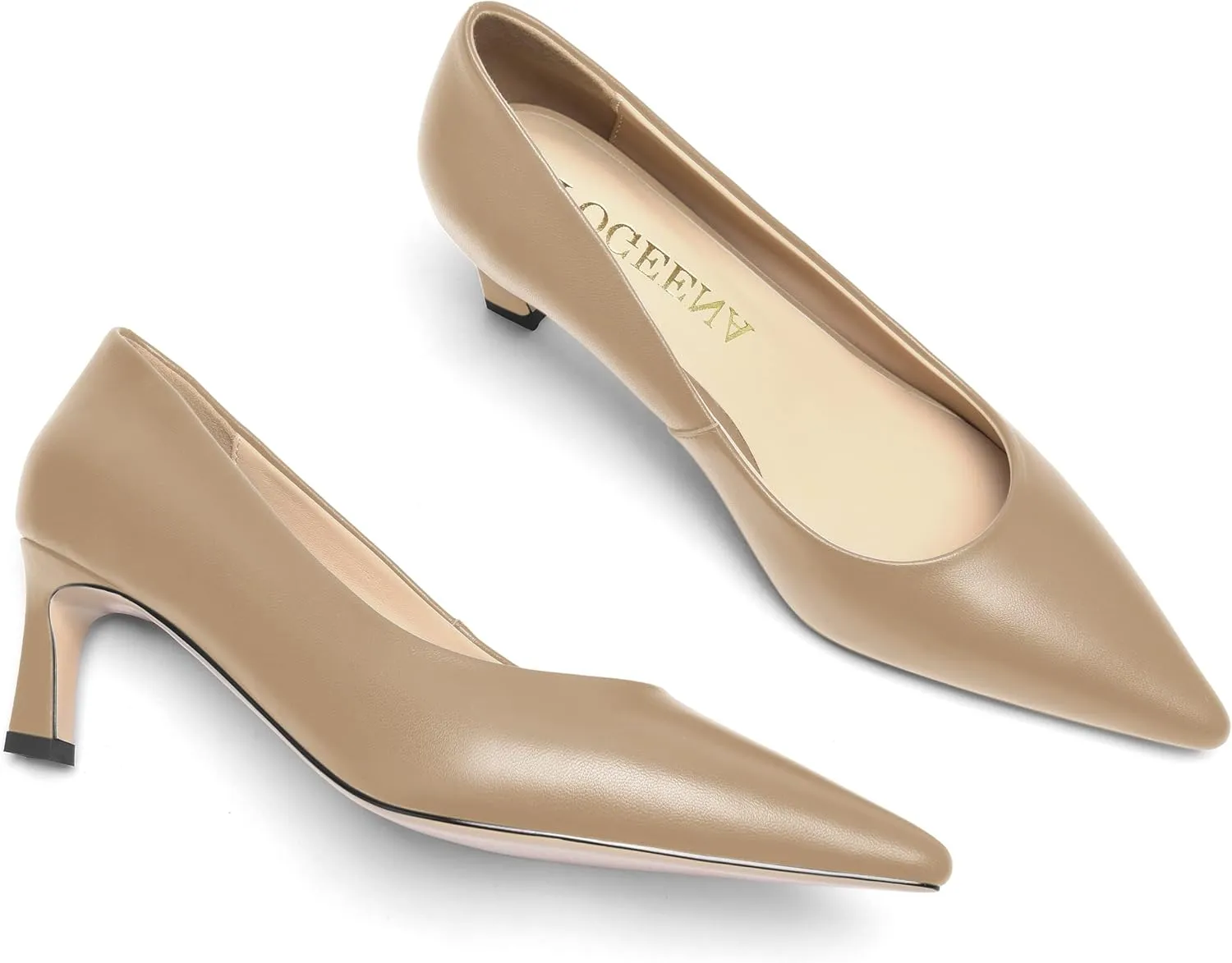 FOGEENA Womens Formal Office Comfortable Matte Leather Slip On Pointed Toe Kitten Low Heel Pumps Dressy Shoes 2 Inch