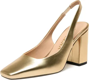FOGEENA Womens Slingback Sexy Comfortable Square Toe Party Fashion Matte Leather Block High Heel Pumps Dress Shoes 3.5 Inch
