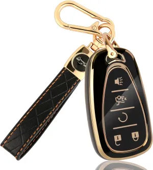 for Equinox Key Fob Cover with Leather Kaychain, Stylish TPU Key Fob Shell for 2016-2025 Equinox Malibu Camaro Blazer Traverse Trailblazer 5 Buttons Smart Key for Men Women