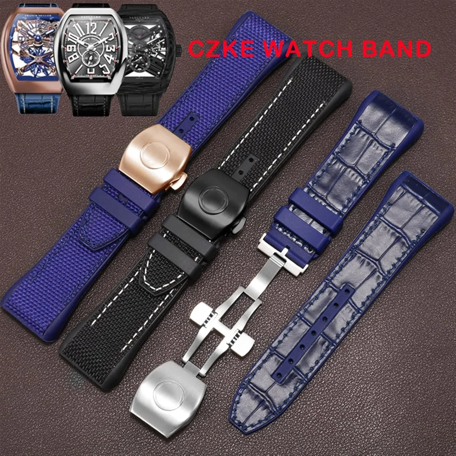 for Franck Muller V45 Series 28mm Nylon Genuine Leather Silicone Watchband Black Blue Folding Buckle Watch Strap