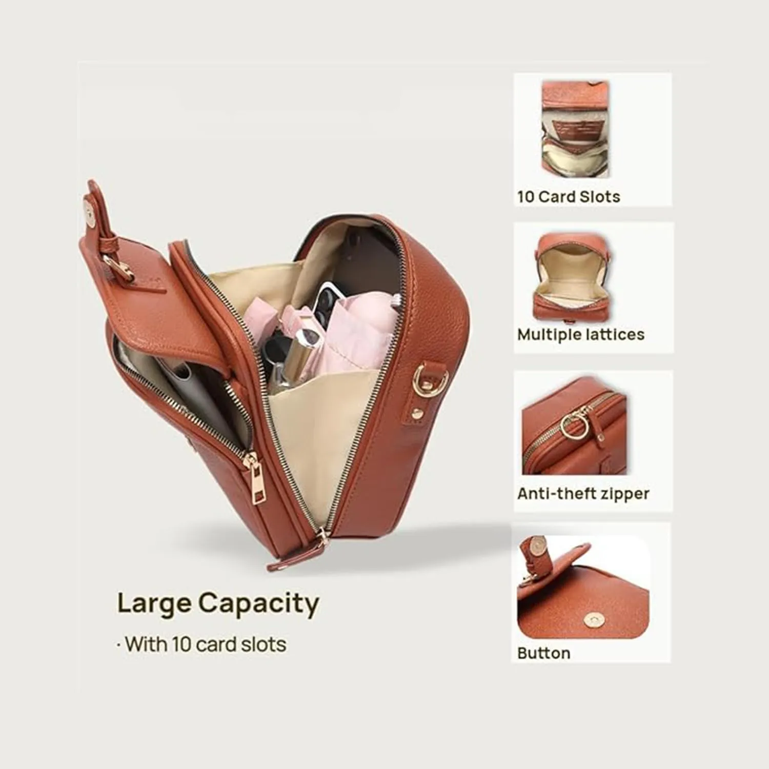 Forcipower Crossbody Leather Bag, Zealburst Leather Crossbody Bags for Women, 10 Card Slots, Lockable Zipper