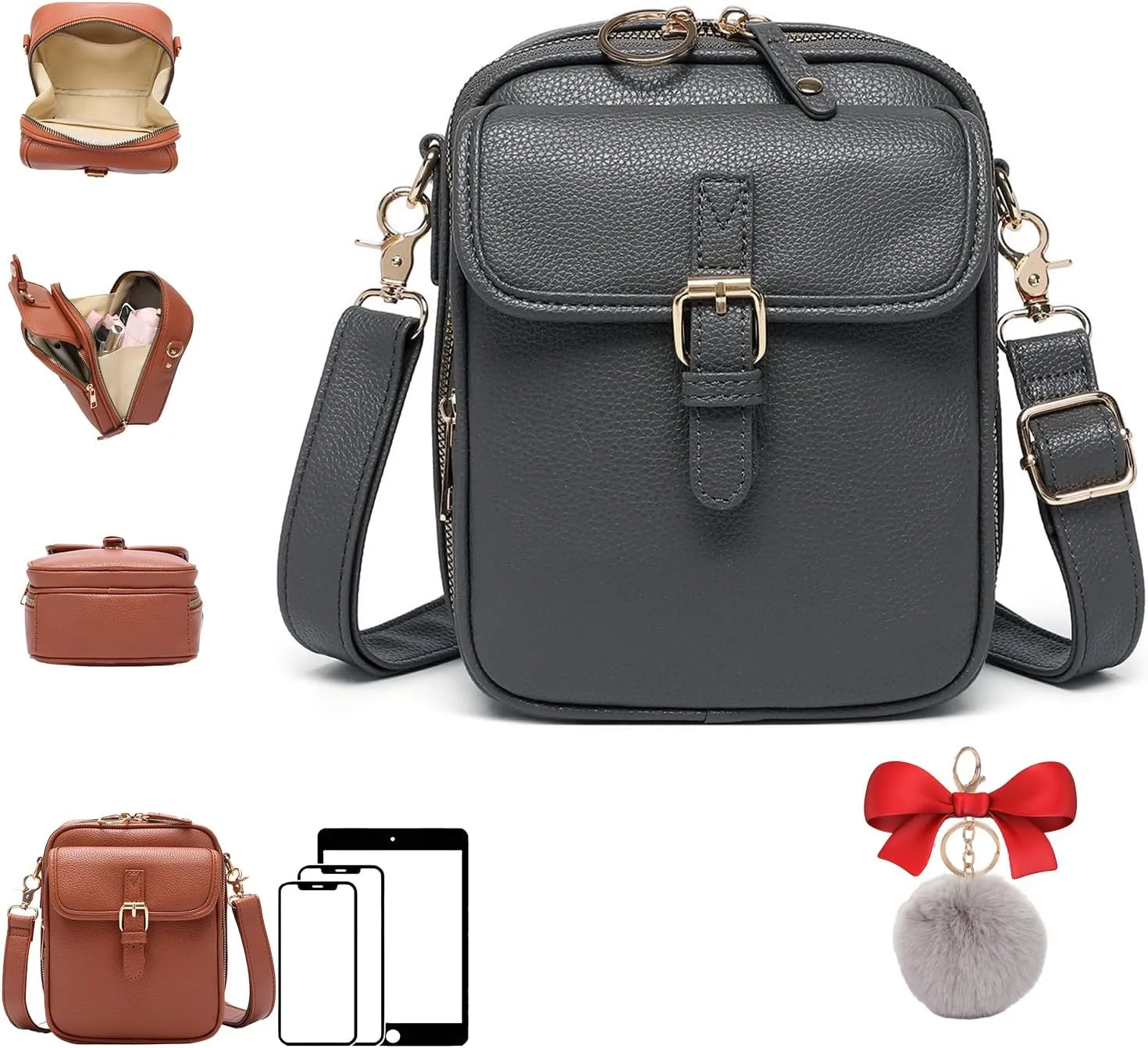 Forcipower Crossbody Leather Bag, Zealburst Leather Crossbody Bags for Women, 10 Card Slots, Lockable Zipper