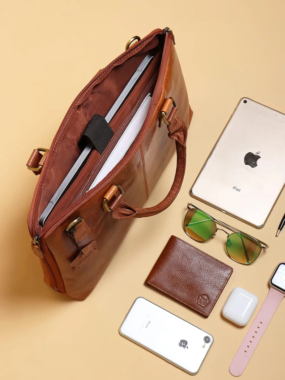 FOXHACKLE Men's Laptop Bag 14 Inch Leather Messenger, Sleek Briefcase Satchel with Adjustable Shoulder Strap.