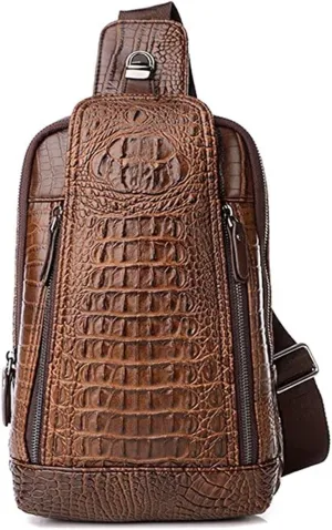 FR Fashion Co. 12" Men's Crocodile Pattern Leather Crossbody Sling Bag Dark Brown