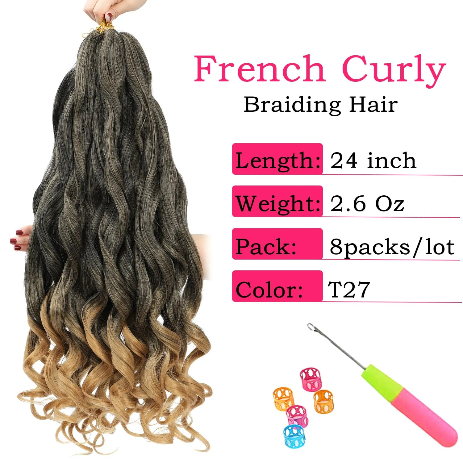 French Curly Braiding Hair 24 Inch 8 Packs - Pre Stretched Bouncy Braiding Hair- Loose Wavy Synthetic Hair Extensions (24 inch 8 packs 1B/27)