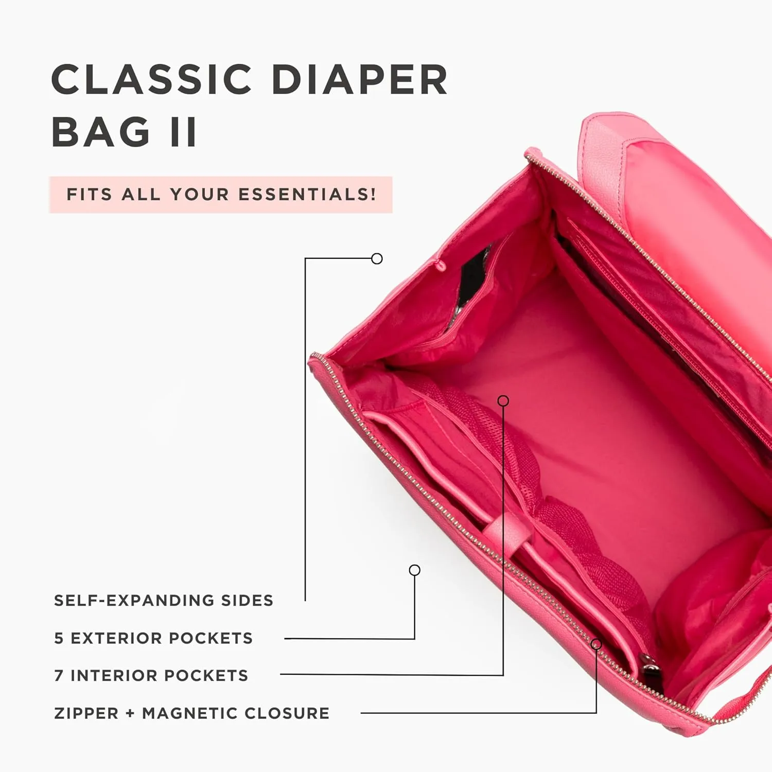 Freshly Picked Classic II Diaper Bag Backpack, Wipeable Vegan Leather With Changing Pad, Convertible (Hot Pink)