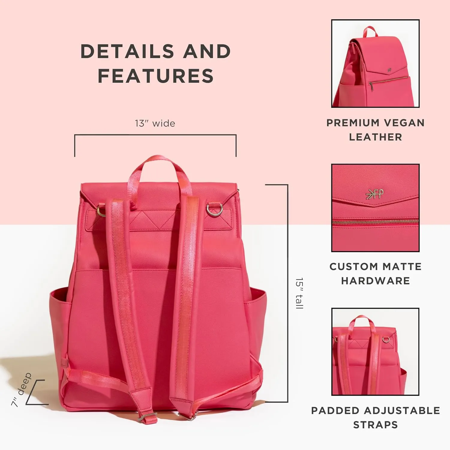 Freshly Picked Classic II Diaper Bag Backpack, Wipeable Vegan Leather With Changing Pad, Convertible (Hot Pink)