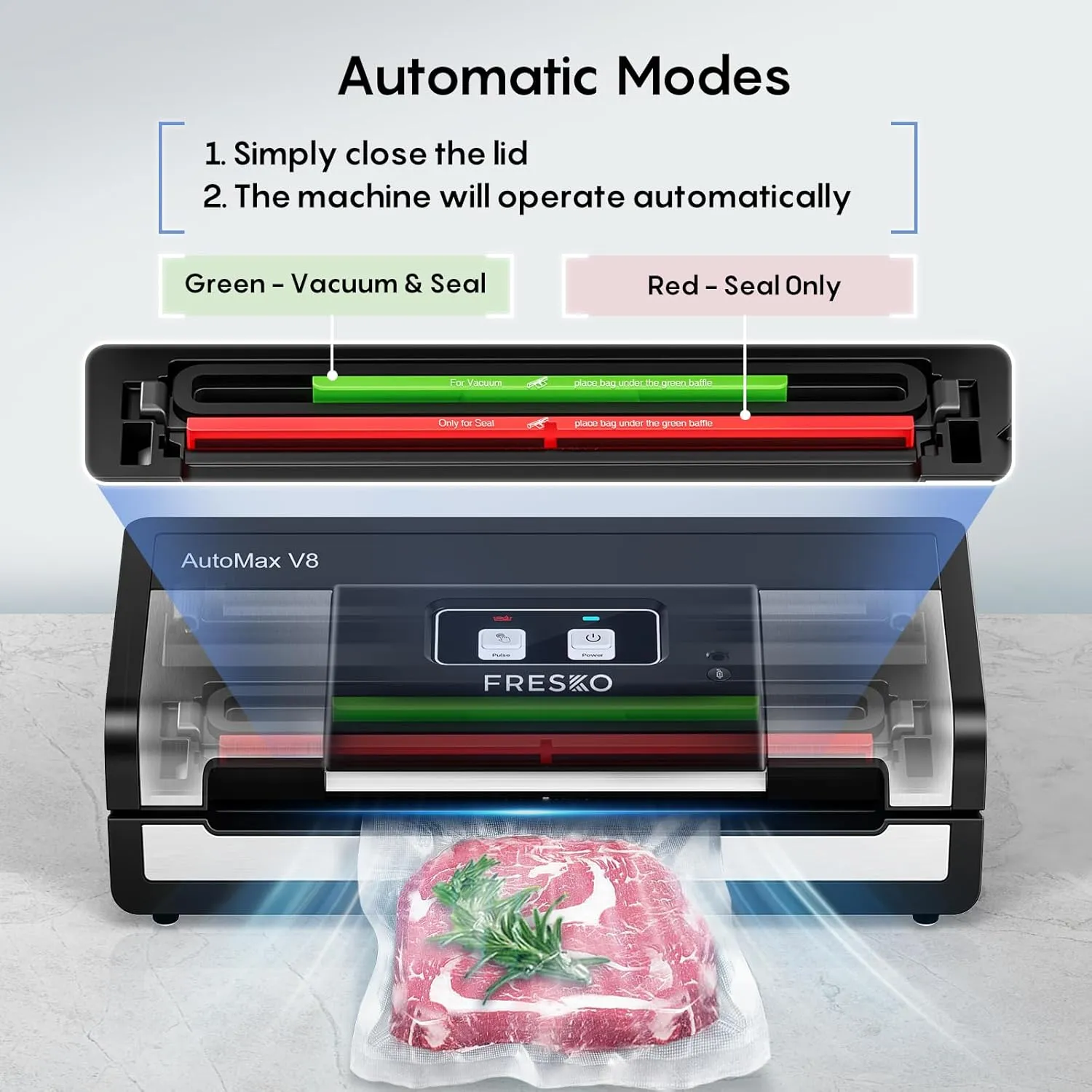 Fully Automatic Vacuum Sealer, 95Kpa Powerful Food Vacuum Sealer Machine, Auto Dry-Wet Detection | Bag Cutter | 2 Rolls Bags | Effortless Operation, Silver - Black
