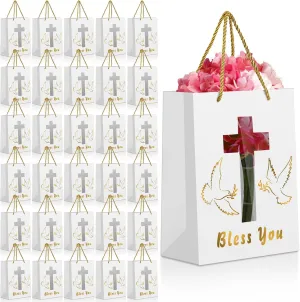 Fulmoon 50 Pack 10 Inch White Cross Gift Bag Bulk Church God Bless Bags with Handles Religious Baptism Gift Favors for First Communions Confirmation Weddings Clergy Day Easter Christenings