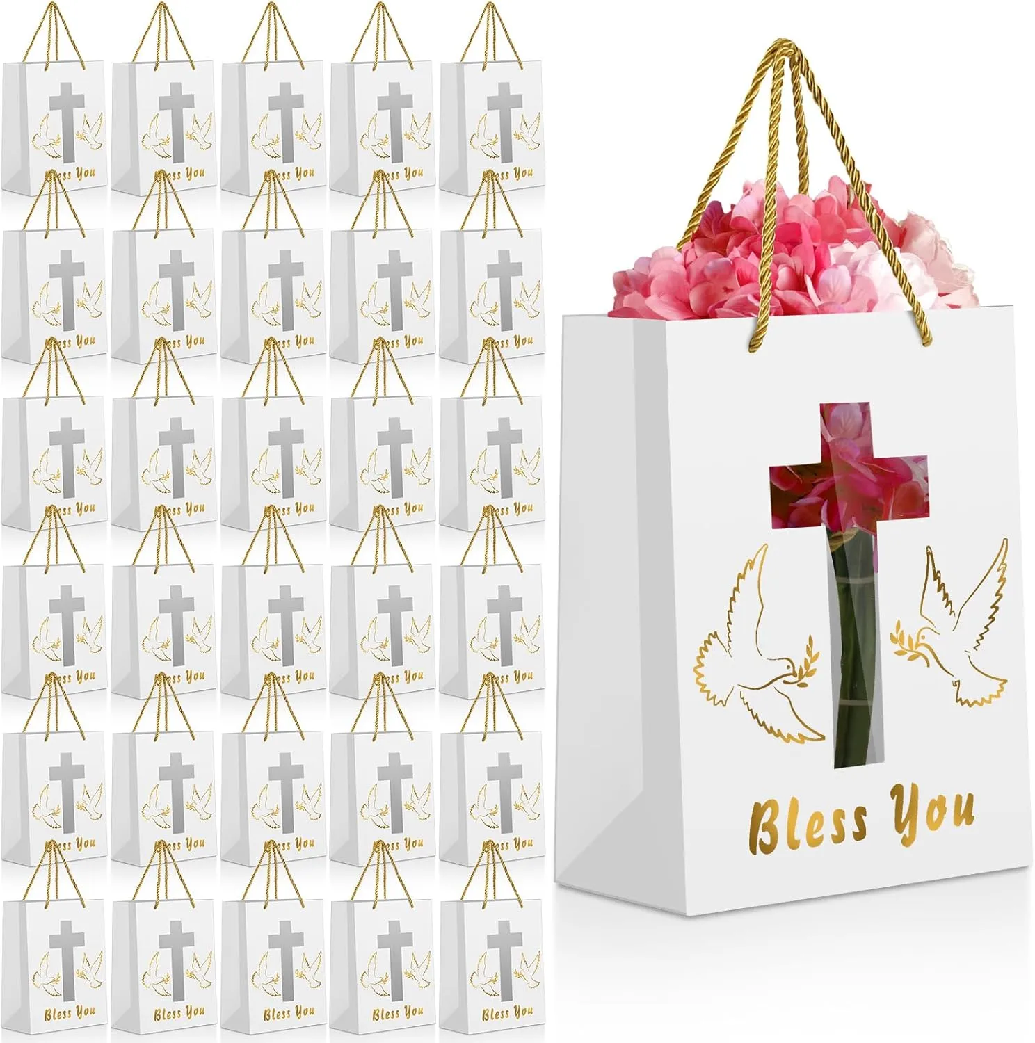 Fulmoon 50 Pack 10 Inch White Cross Gift Bag Bulk Church God Bless Bags with Handles Religious Baptism Gift Favors for First Communions Confirmation Weddings Clergy Day Easter Christenings