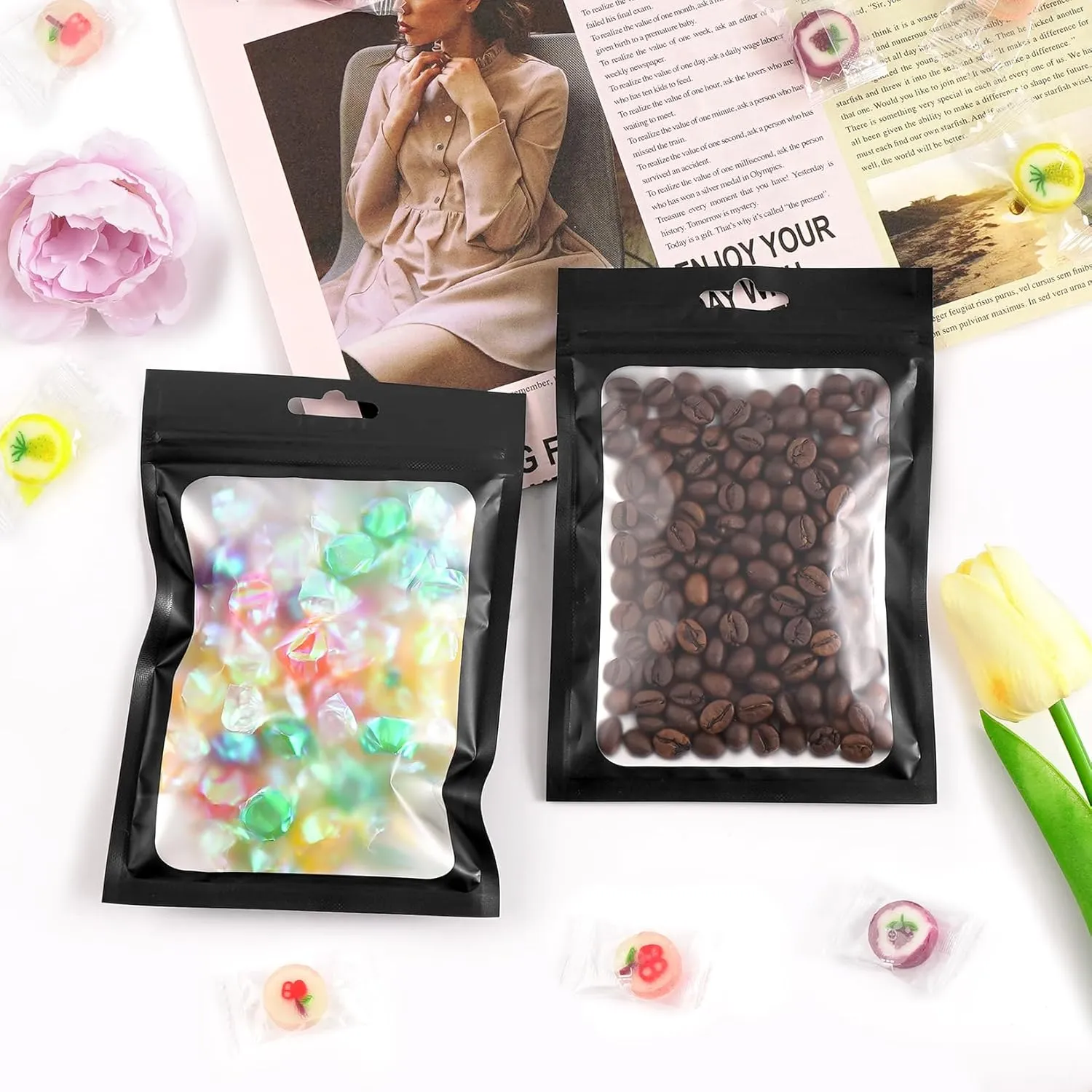 Funfery 300 Pack Smell Proof Resealable Bags for Food Storage,Mylar Clear Bags 4x6 Black Packaging Bag- Edibles,Odorless Scent Proof Bag for Cookies, Zip Foil Pouch for Small Business