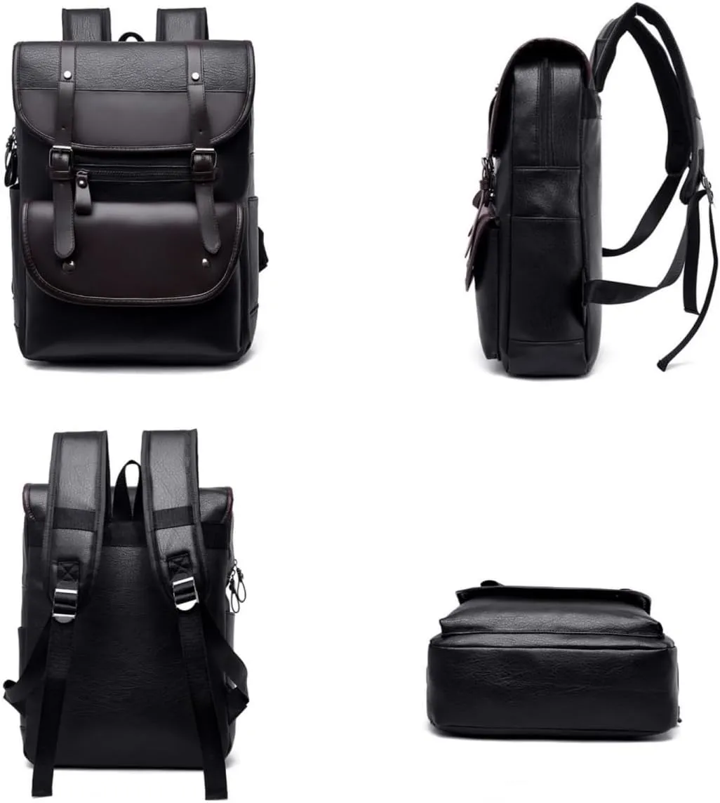 FUNSEED Backpack for Men, Large Capacity Fashion PU Leather 15.6in Laptop Backpack for Business Travel (Black)