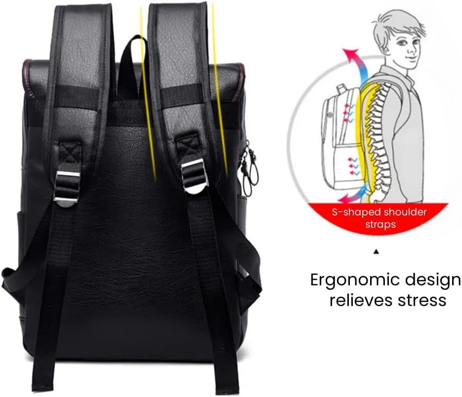 FUNSEED Backpack for Men, Large Capacity Fashion PU Leather 15.6in Laptop Backpack for Business Travel (Black)