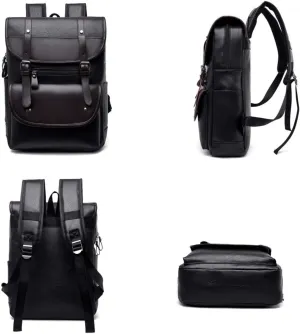 FUNSEED Backpack for Men, Large Capacity Fashion PU Leather 15.6in Laptop Backpack for Business Travel (Black)