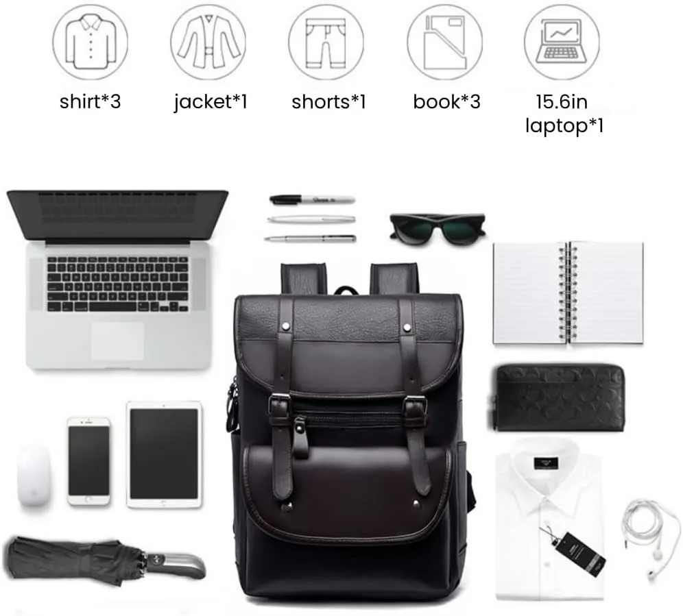 FUNSEED Backpack for Men, Large Capacity Fashion PU Leather 15.6in Laptop Backpack for Business Travel (Black)