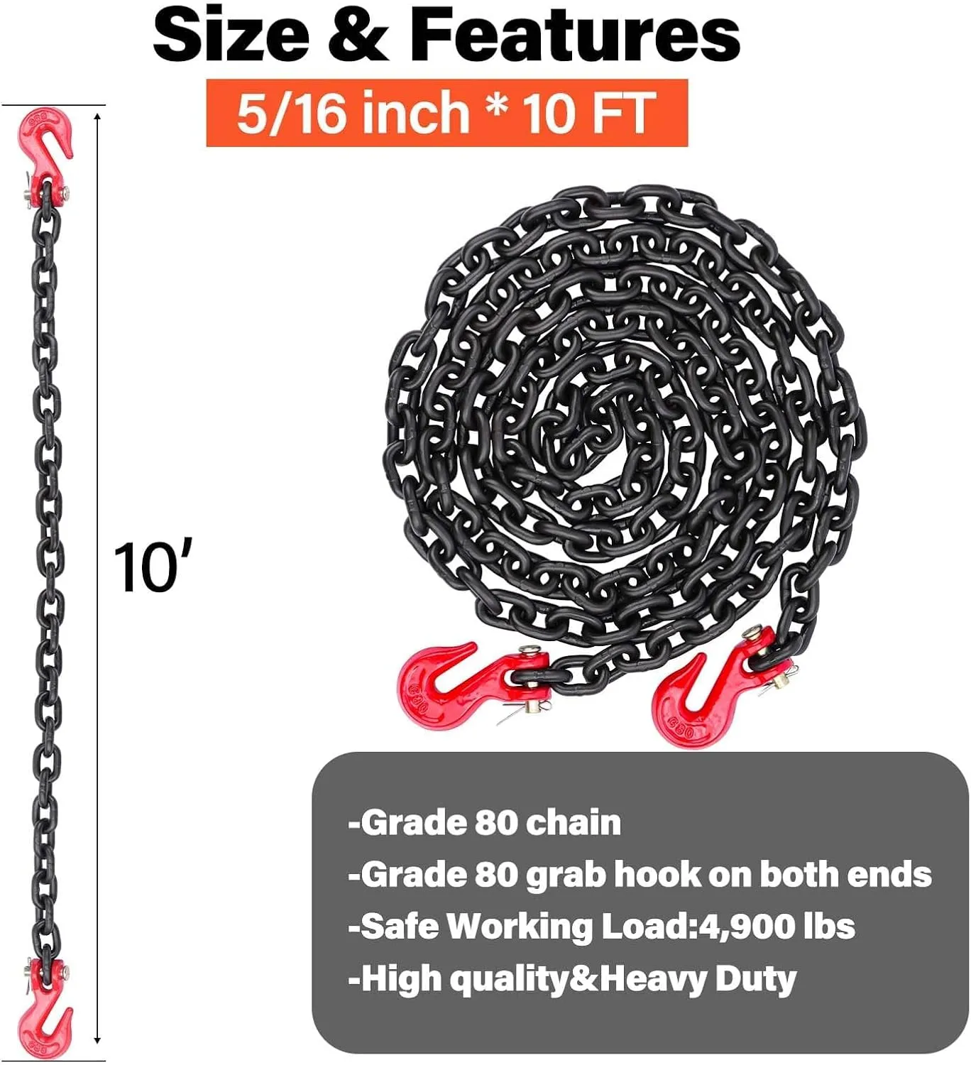 G80 Transport Binder Chain 5/16 Inch x 10 FT, Equipped with G80 Chain Hook, Grade 80 Tow Chain with Hook for Trailer Safety Chains for Ratchet Binder, Towing, 4,900 lbs Working Load Limit