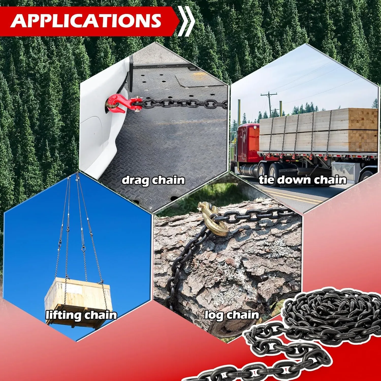 G80 Transport Binder Chain 5/16 Inch x 10 FT, Equipped with G80 Chain Hook, Grade 80 Tow Chain with Hook for Trailer Safety Chains for Ratchet Binder, Towing, 4,900 lbs Working Load Limit