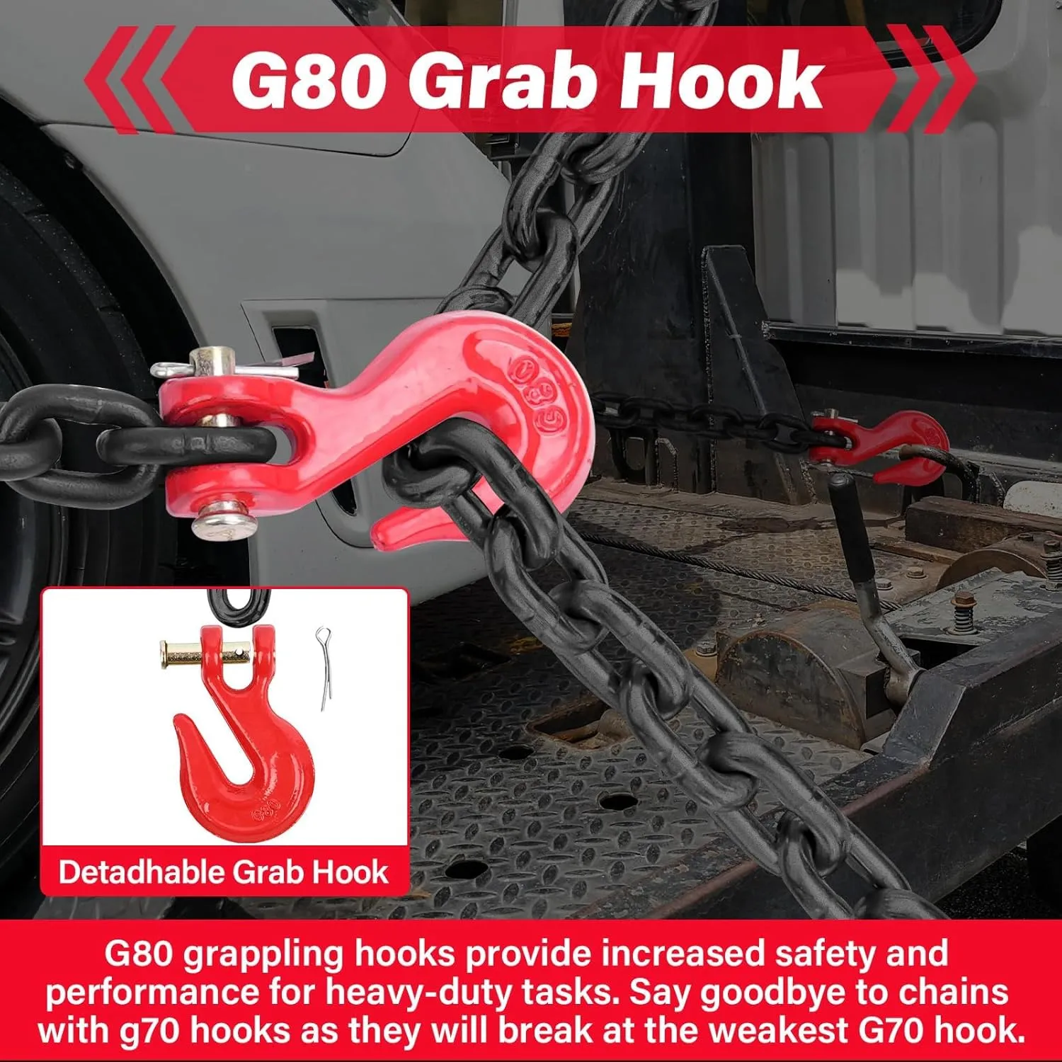 G80 Transport Binder Chain 5/16 Inch x 10 FT, Equipped with G80 Chain Hook, Grade 80 Tow Chain with Hook for Trailer Safety Chains for Ratchet Binder, Towing, 4,900 lbs Working Load Limit