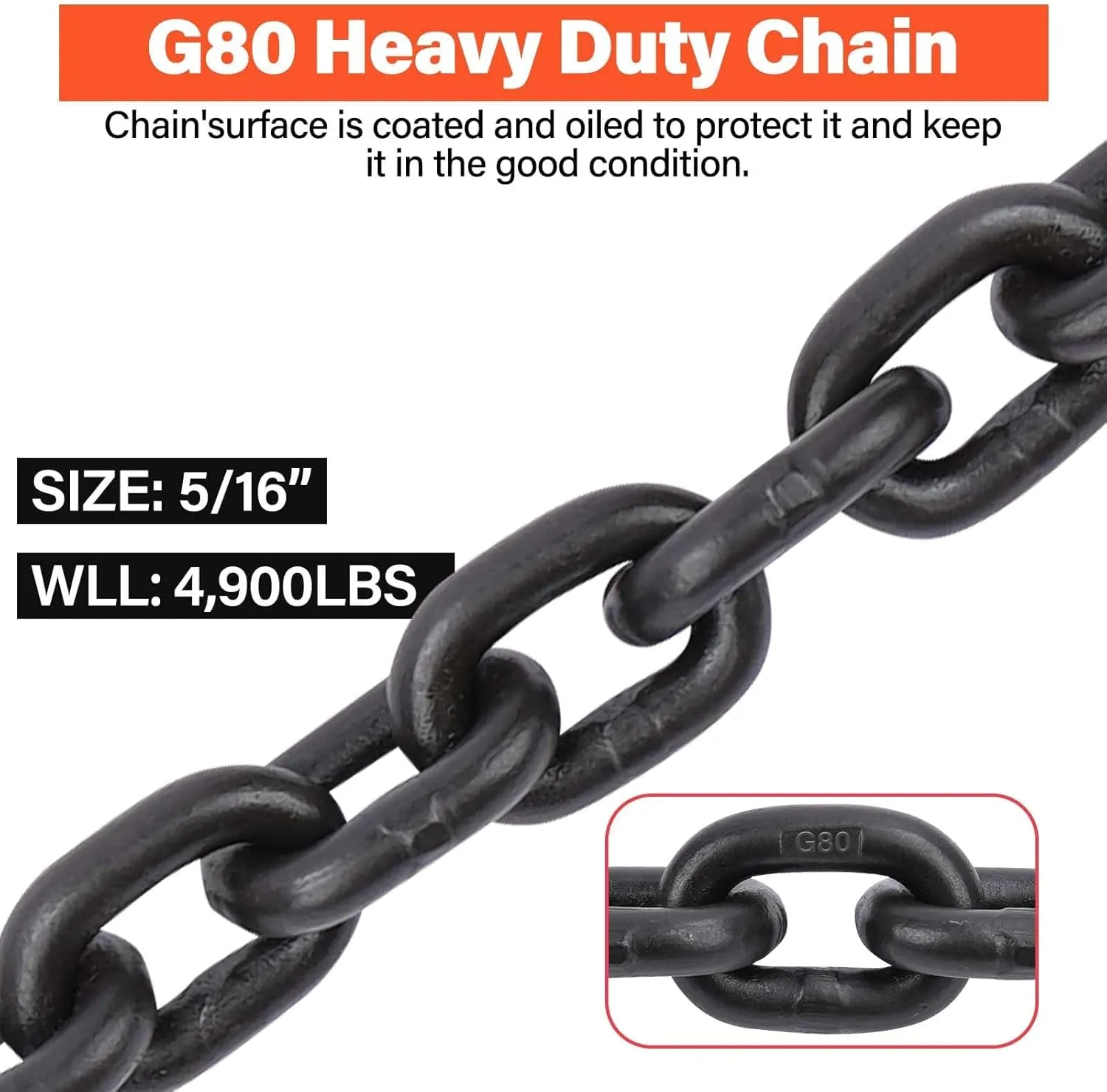 G80 Transport Binder Chain 5/16 Inch x 10 FT, Equipped with G80 Chain Hook, Grade 80 Tow Chain with Hook for Trailer Safety Chains for Ratchet Binder, Towing, 4,900 lbs Working Load Limit