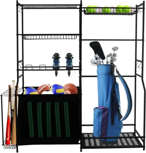 Garage Sports Equipment Storage, Garage Sports Organizer with Hooks and Baskets, Multi Use Golf Organizer Ball Rack Basketball Rack For Sports Gear and Outdoor Ball Storage