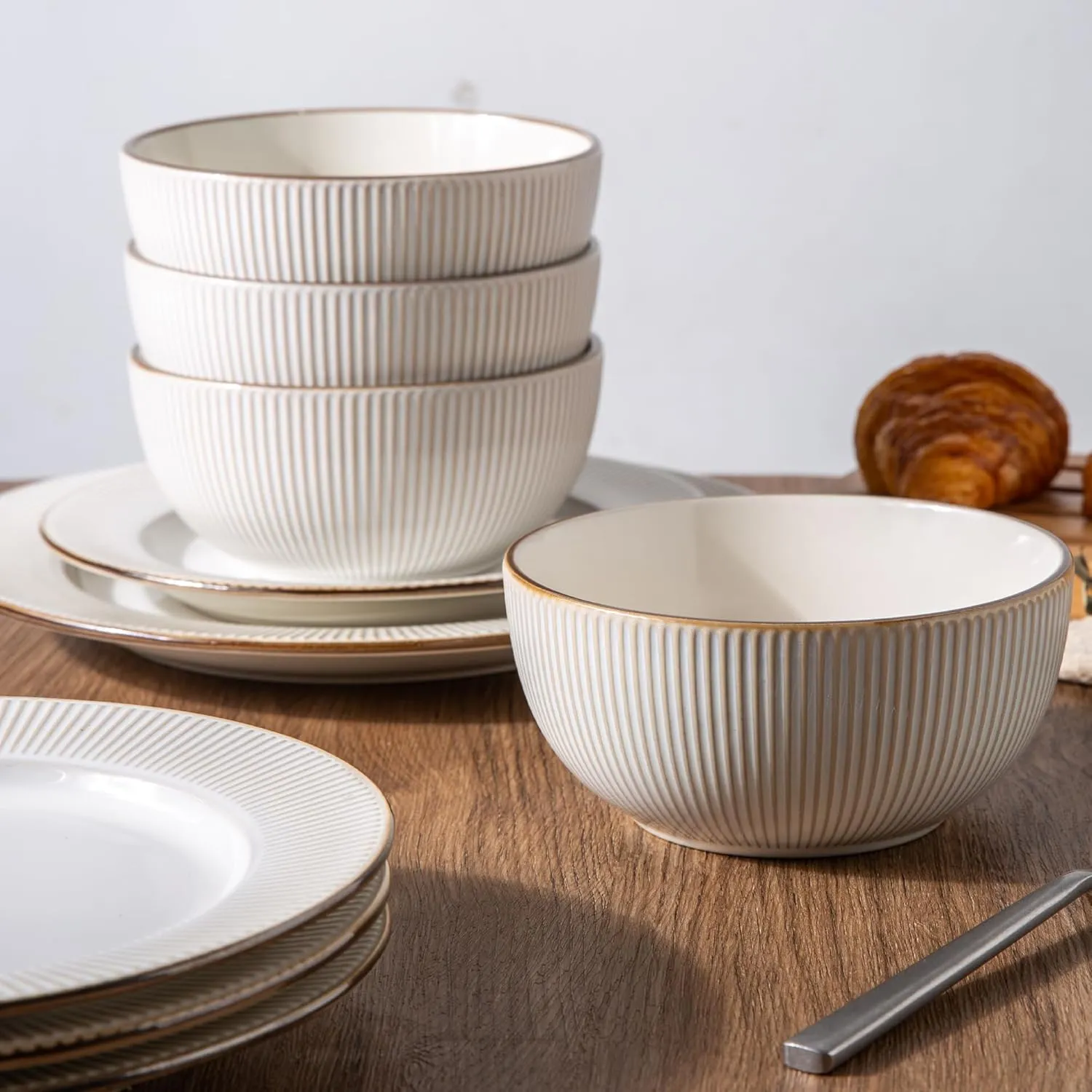 GBHOME Ceramic Dinnerware Sets,18 pcs Embossed Elegant Stoneware Plates and Bowls Sets, Housewarming Wedding Gift | Dishwasher & Microwave Safe | Dishes Set Service for 6