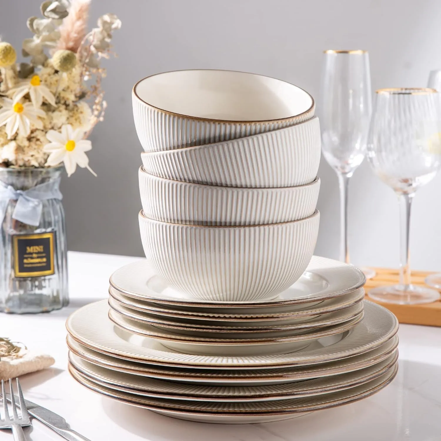 GBHOME Ceramic Dinnerware Sets,18 pcs Embossed Elegant Stoneware Plates and Bowls Sets, Housewarming Wedding Gift | Dishwasher & Microwave Safe | Dishes Set Service for 6