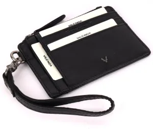 Genuine Italian Leather Card Holder Wallet for Women- Sleek & Minimalist, RFID Protected, ID Window, Side zipper pocket with detachable Wristlet (Matte Black)