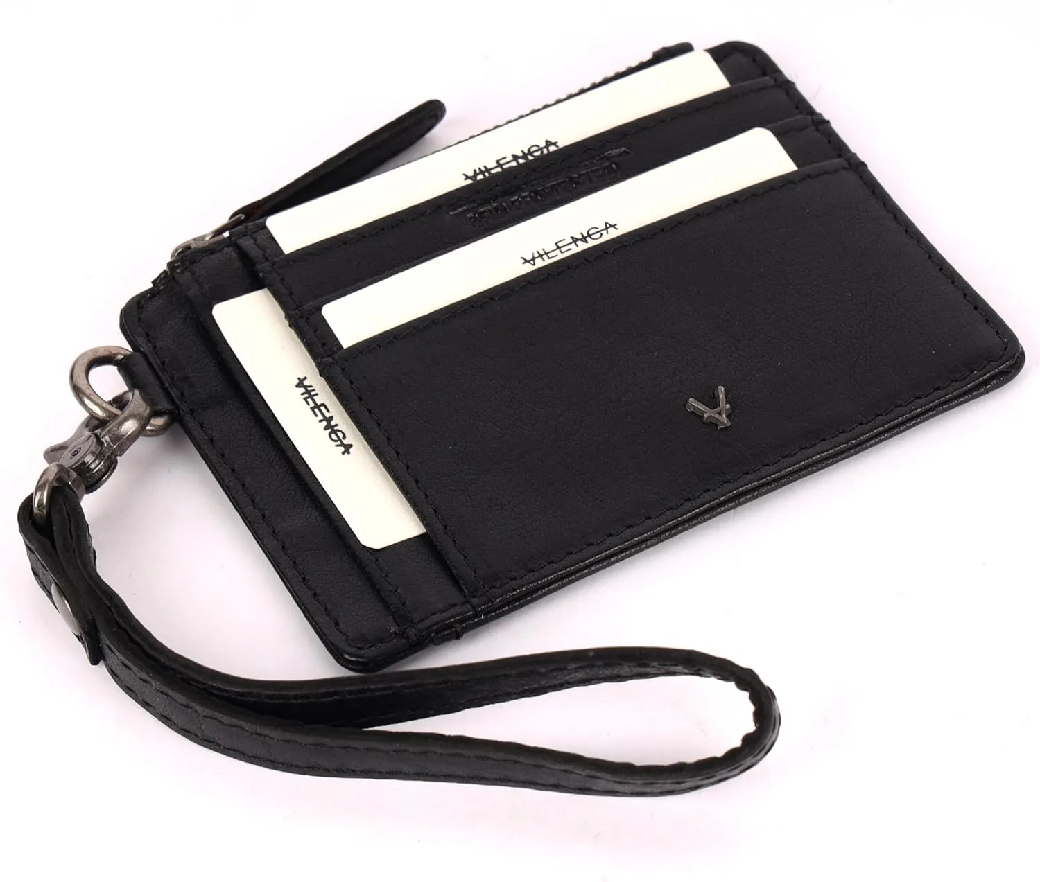 Genuine Italian Leather Card Holder Wallet for Women- Sleek & Minimalist, RFID Protected, ID Window, Side zipper pocket with detachable Wristlet (Matte Black)