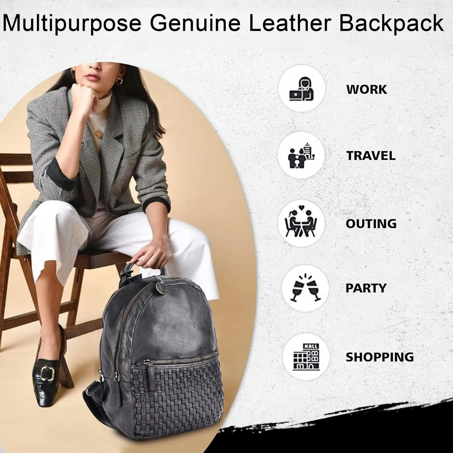 Genuine Leather Backpack for Men, Casual Backpack for Women Office Bag with Adjustable Shoulder Strap (VL-054-GREY)