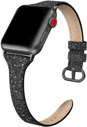 Genuine Leather Band Compatible for Apple Watch 42mm (Series 10) 41mm 38mm 40mm, Shiny Glitter Matte Slim Thin Leather Strap Compatible with iWatch Series 10 9 8 7 6 5 4 3 2 1 SE Sport Edition Women