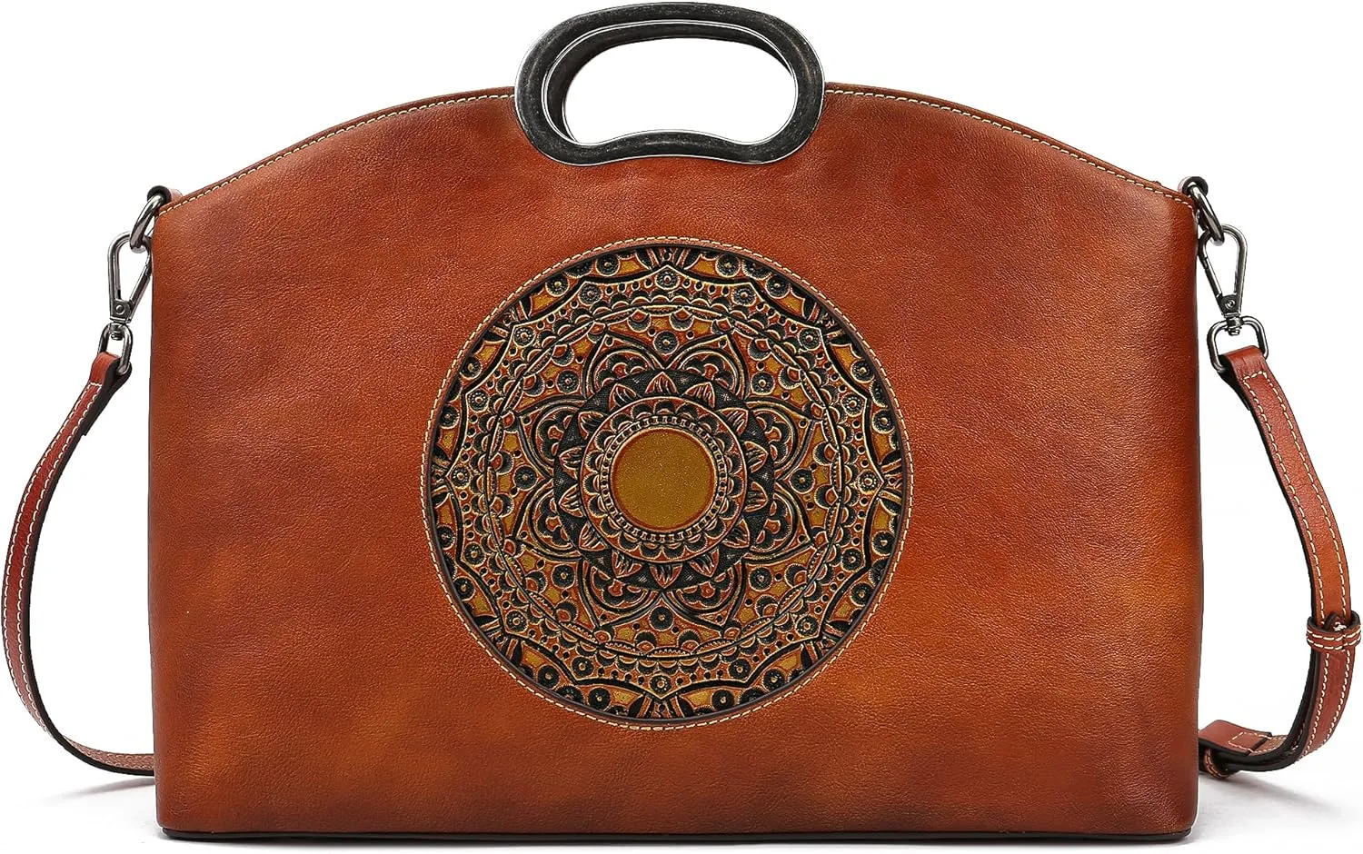 Genuine Leather Handbags for Women, Organizer Crossbody Bag Large Satchel Vintage Embossing Totem Shoulder Bag
