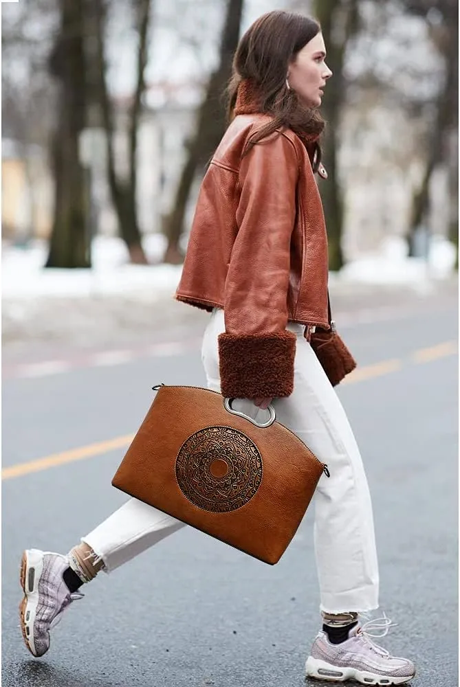 Genuine Leather Handbags for Women, Organizer Crossbody Bag Large Satchel Vintage Embossing Totem Shoulder Bag