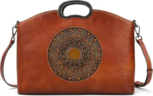 Genuine Leather Handbags for Women, Organizer Crossbody Bag Large Satchel Vintage Embossing Totem Shoulder Bag
