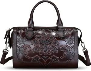 Genuine Leather Purses and Handbags for Women Vintage Embossed Leather Top Handle Crossbody Shoulder Bag Satchel Bag Strap