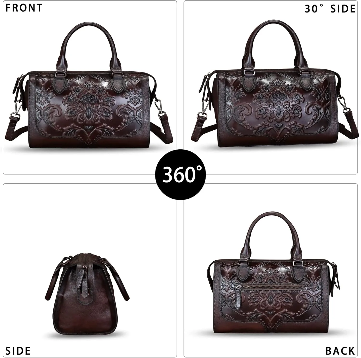 Genuine Leather Purses and Handbags for Women Vintage Embossed Leather Top Handle Crossbody Shoulder Bag Satchel Bag Strap