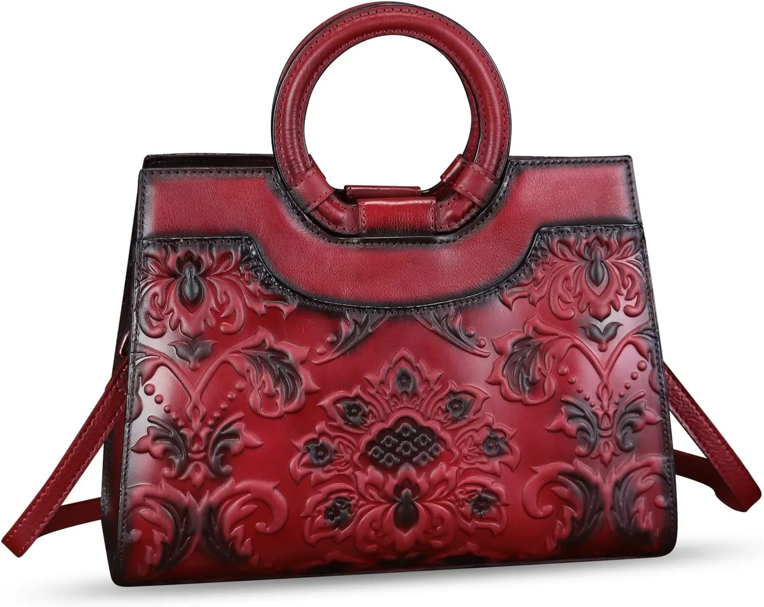 Genuine Leather Purses and Handbags for Women Vintage Embossed Leather Top Handle Satchel Bags Crossbody Shoulder Bag Strap