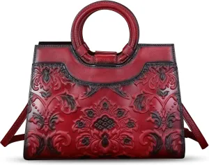 Genuine Leather Purses and Handbags for Women Vintage Embossed Leather Top Handle Satchel Bags Crossbody Shoulder Bag Strap