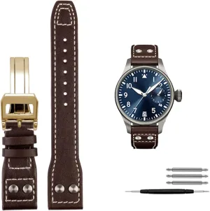 Genuine Leather Rivets Watchband For IWC Big Pilot Spitfire Cowhide Folding Buckle Watch Men Strap 21mm 22mm