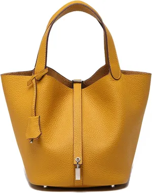 Genuine Leather Soft Bucket Bag for Women Fashion Lock Design Handbags Vegetable Basket Satchel with Top Handle Bags