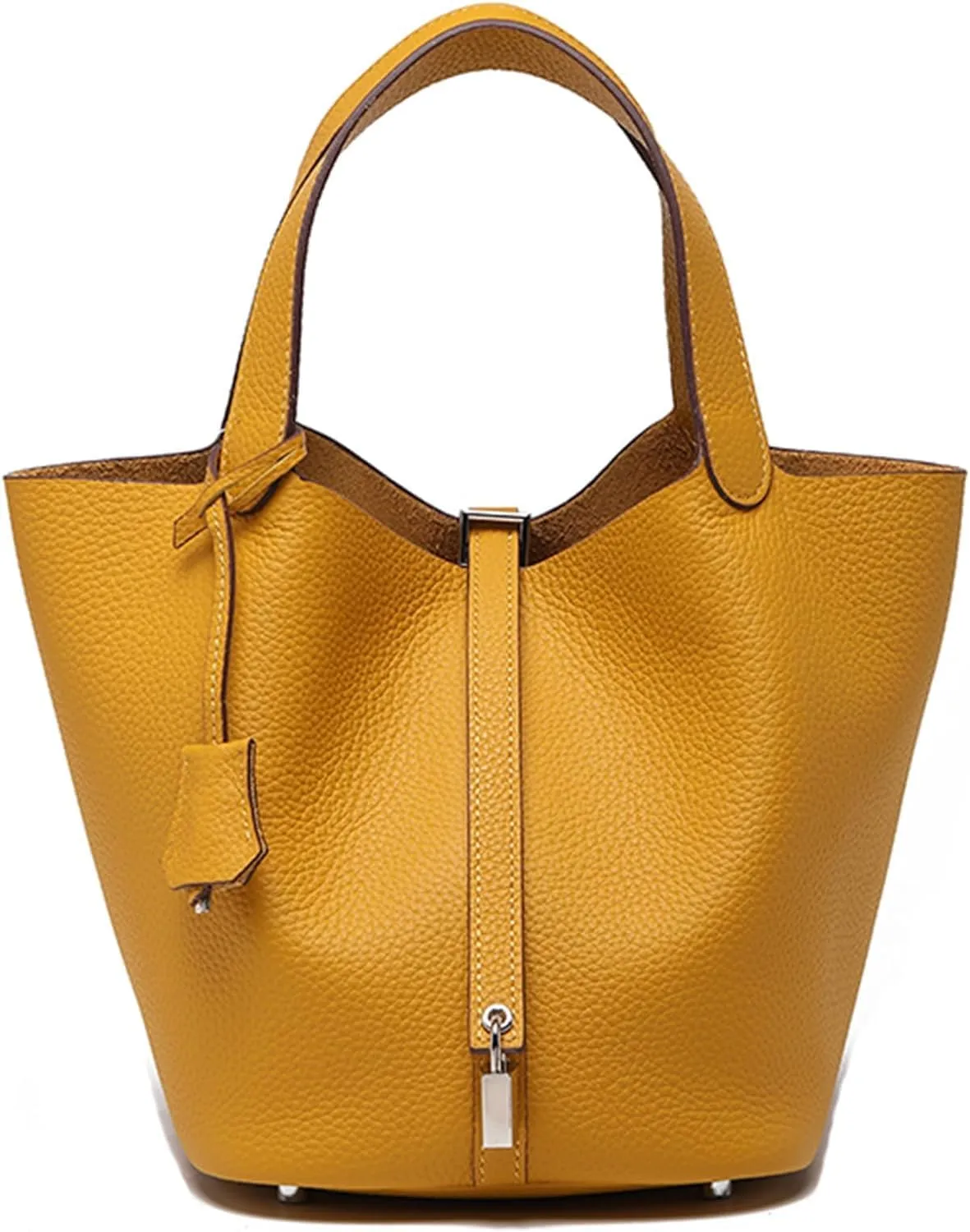 Genuine Leather Soft Bucket Bag for Women Fashion Lock Design Handbags Vegetable Basket Satchel with Top Handle Bags