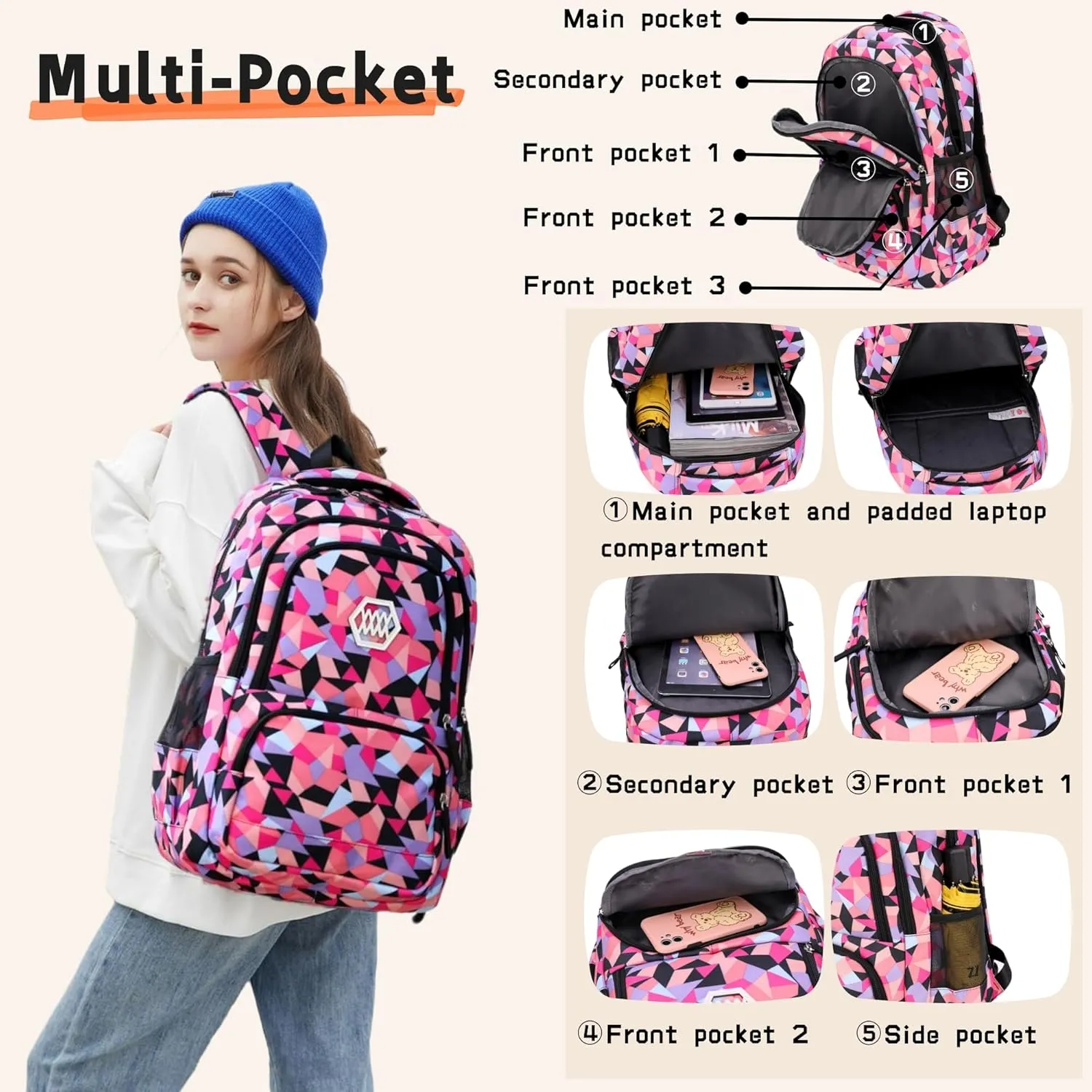 Geometric-Print Backpack for Boys Middle-School Elementary Bookbags