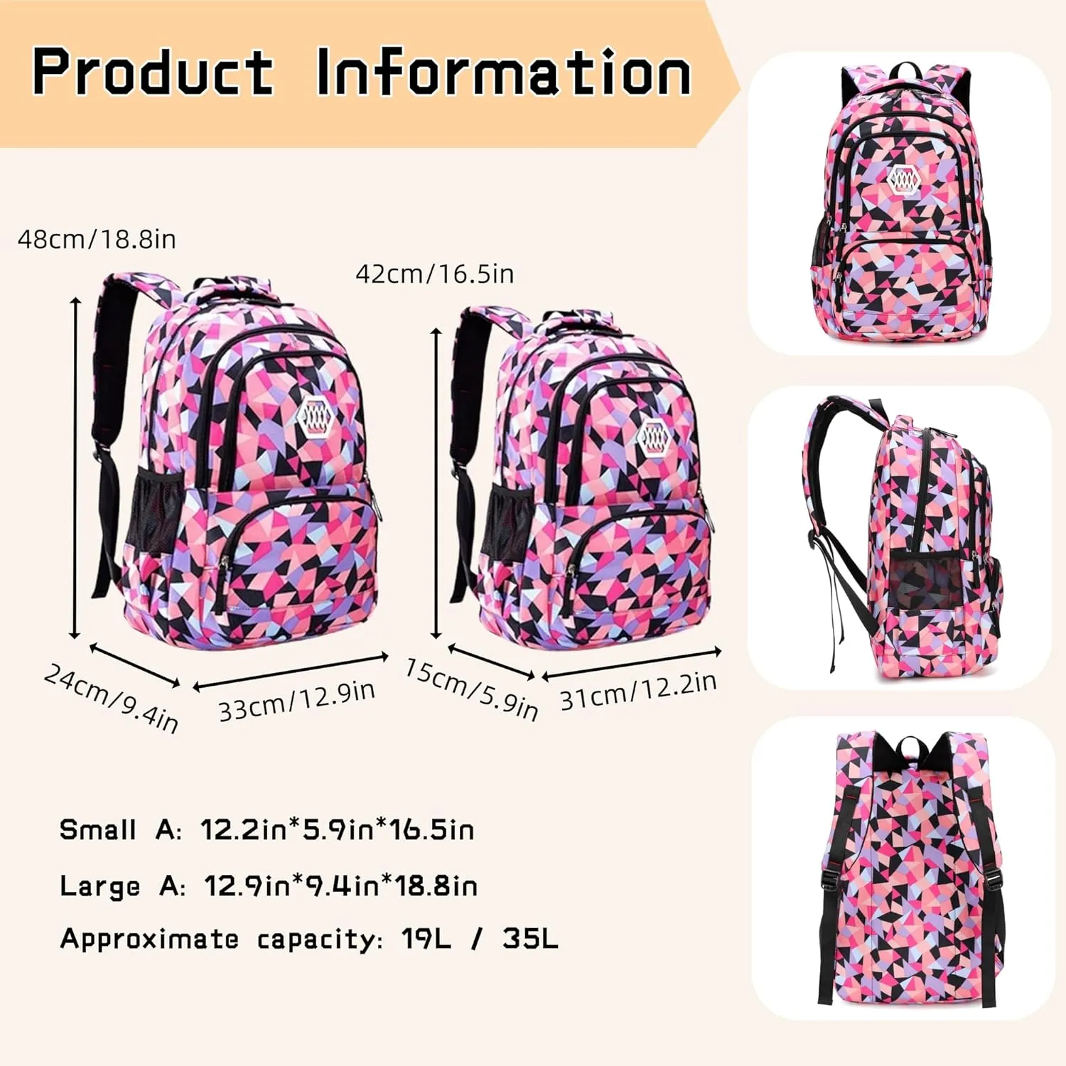 Geometric-Print Backpack for Boys Middle-School Elementary Bookbags
