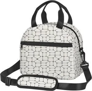 Geometric Print,Insulated Reusable Lunch Bag with Adjustable Shoulder Strap for Adults,Pavement Tile Bricks Modern Design,Leakproof Office Picnic Hiking Beach Tote Bag,Beige Black,9x5x7.8in
