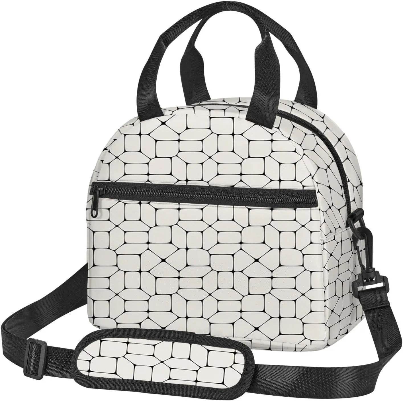 Geometric Print,Insulated Reusable Lunch Bag with Adjustable Shoulder Strap for Adults,Pavement Tile Bricks Modern Design,Leakproof Office Picnic Hiking Beach Tote Bag,Beige Black,9x5x7.8in