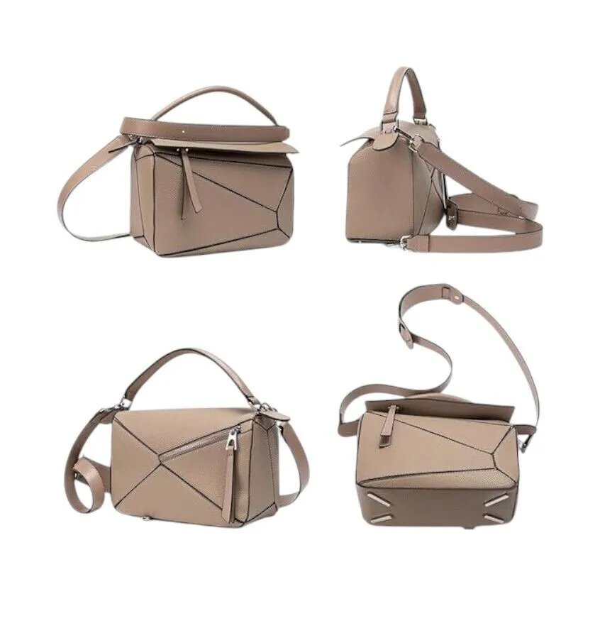 Geometric Puzzle Handbag, Shoulder/Crossbody, Beige/Camel, Mini, Vegan Leather