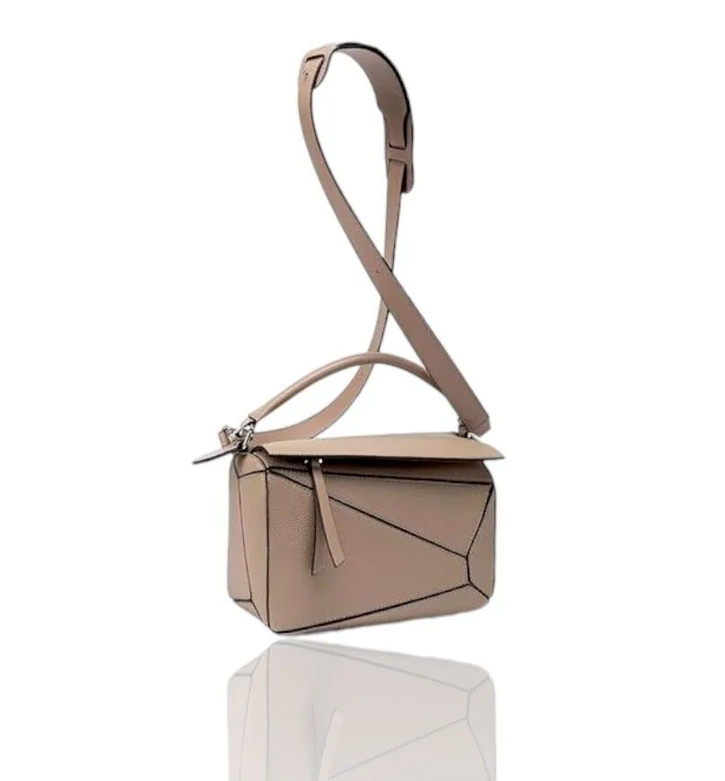 Geometric Puzzle Handbag, Shoulder/Crossbody, Beige/Camel, Mini, Vegan Leather